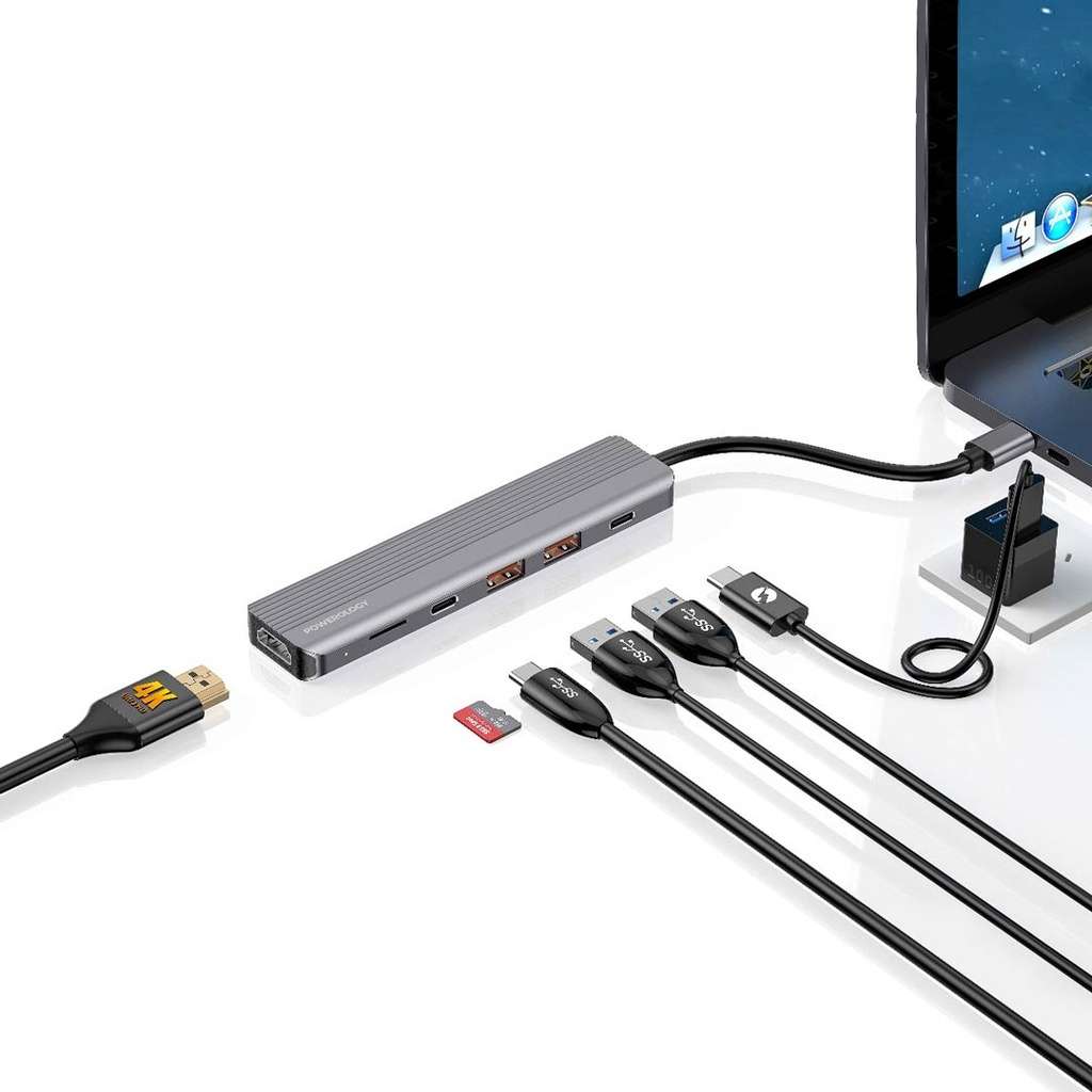 Powerology 6 in 1 Slim 4K HDMI USB-C Hub PD 100W USB MicroSD - Linkphones Center